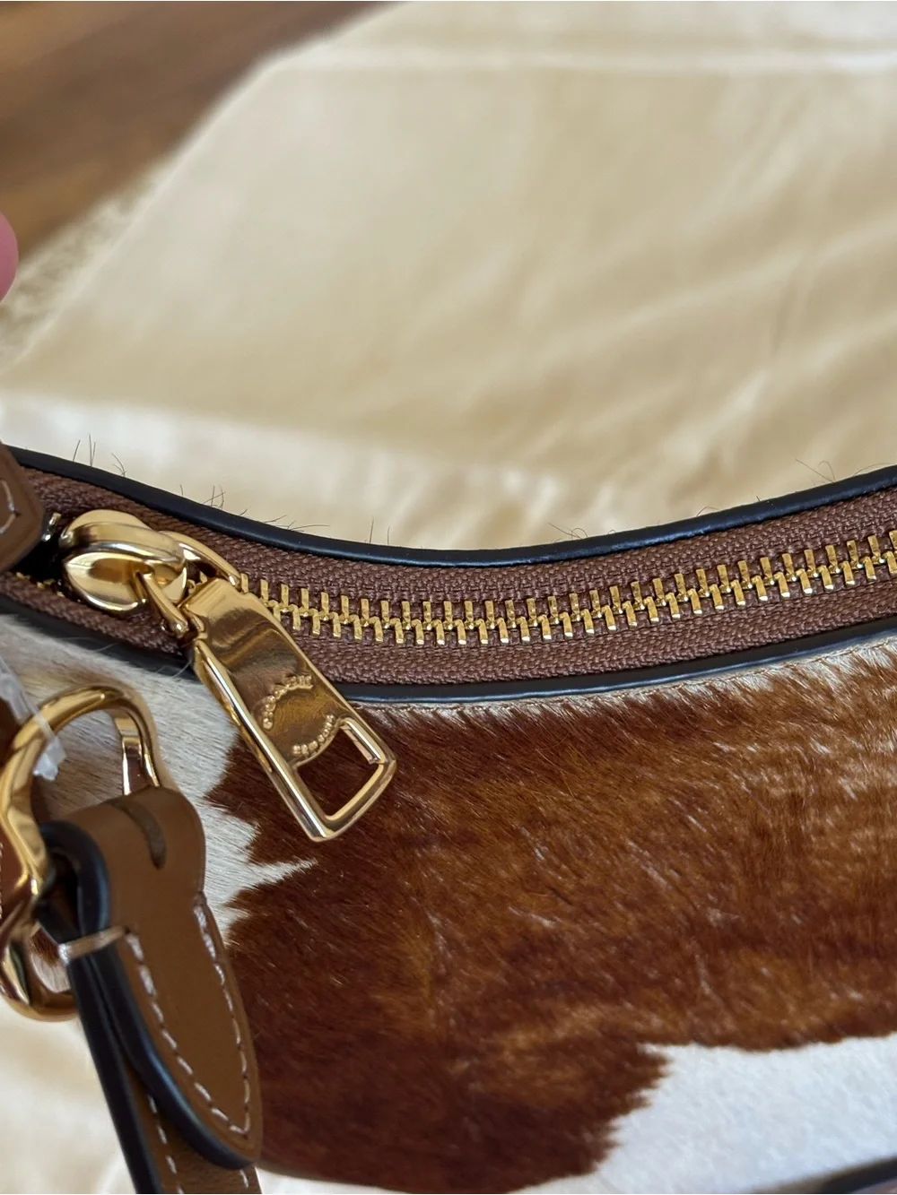 Coach Cowhide Calf Hair Shoulder Bag Brown White Leather Crossbody Purse Western